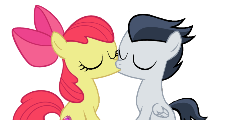 Size: 938x491 | Tagged: safe, artist:rozyfly10, derpibooru import, apple bloom, rumble, earth pony, pegasus, pony, cute, cutie mark, eyes closed, female, filly, kissing, kissy face, love, male, rumbloom, shipping, simple background, straight, the cmc's cutie marks, transparent background