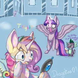 Size: 768x768 | Tagged: safe, artist:dragolina01, derpibooru import, applejack, fluttershy, pinkie pie, rainbow dash, rarity, spike, starlight glimmer, twilight sparkle, twilight sparkle (alicorn), alicorn, pony, castle, fusion, grammar error, magic, mane seven, mane six, mirror, text, we have become one, what has magic done