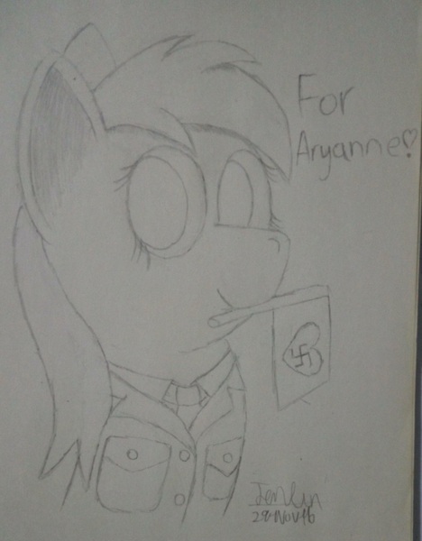 Size: 1010x1296 | Tagged: safe, artist:scientsit, derpibooru import, oc, oc:aryanne, unofficial characters only, earth pony, pony, clothes, female, flag, heart, nazi, photo, sketch, solo, swastika, traditional art, uniform