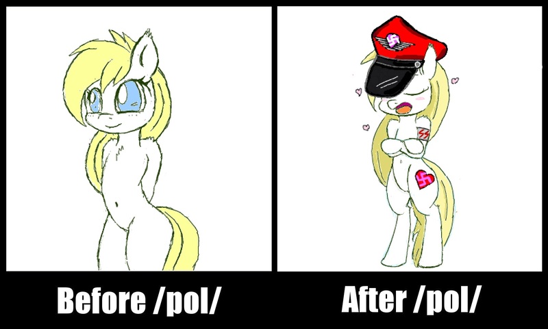 Size: 1658x996 | Tagged: safe, artist:randy, derpibooru import, oc, oc:aryanne, unofficial characters only, earth pony, pony, semi-anthro, /pol/, 4chan, armband, aryan pony, before and after, belly button, bipedal, blush sticker, blushing, chest fluff, crossed hooves, ear fluff, eyes closed, female, flockmod, hat, heart, mare, meme, nazi, schutzstaffel, shoulder fluff, simple background, smiling, swastika, team captain, text, tsundere, white background