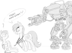 Size: 2600x1917 | Tagged: semi-grimdark, artist:atlas-66, deleted from derpibooru, derpibooru import, oc, oc:aryanne, unofficial characters only, cyborg, earth pony, pegasus, pony, robot, confused, dialogue, emoticon, female, grayscale, gun, heart, jew, machine, mecha, military, monochrome, mp-40, nazi, open mouth, question mark, russian, simple background, sitting, smiling, submachinegun, swastika, weapon, white background, wolfenstein the new order