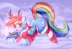 Size: 4000x2703 | Tagged: safe, alternate version, artist:graphene, derpibooru import, rainbow dash, pegasus, pony, backwards cutie mark, christmas, clothes, costume, cute, dashabetes, female, glowing nose, hat, looking at you, mare, open mouth, reindeer antlers, reindeer dash, rudolph dash, rudolph the red nosed reindeer, santa costume, santa hat, snow, snowfall, socks, solo, starry eyes, striped socks, wingding eyes, winter