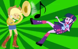 Size: 748x475 | Tagged: artist needed, safe, artist:discorded-joker, artist:haleyc4629, derpibooru import, applejack, twilight sparkle, equestria girls, blowing, blown away, duo, falling, music notes, musical instrument, sousaphone, tuba, tubajack