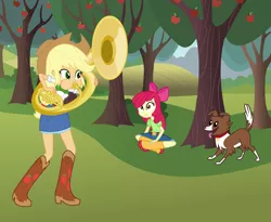 Size: 3752x3084 | Tagged: safe, artist:discorded-joker, artist:haleyc4629, derpibooru import, apple bloom, applejack, winona, equestria girls, boots, cowboy boots, listening, music, musical instrument, playing instrument, shoes, sousaphone, tuba, tubajack, watching