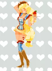 Size: 1024x1395 | Tagged: applejack, artist:lyhanna097, bell, bell collar, boots, cat bell, clothes, collar, cupcake, derpibooru import, eared humanization, food, grin, heart, human, humanized, maid, pony coloring, safe, smiling, socks, solo, tailed humanization, tray, watermark