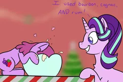 Size: 1500x1000 | Tagged: alcohol, artist:yakoshi, berry punch, berryshine, chest fluff, christmas lights, christmas tree, derpibooru import, dialogue, drinking, eggnog, heart, safe, smiling, starlight glimmer, text, tree