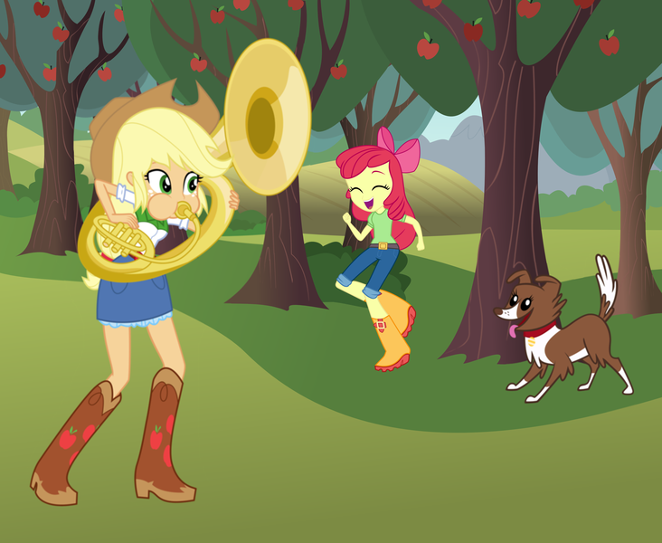 Size: 3768x3088 | Tagged: safe, artist:discorded-joker, artist:haleyc4629, derpibooru import, apple bloom, applejack, winona, equestria girls, apple, apple tree, boots, cowboy boots, dancing, food, happy, music, musical instrument, playing instrument, shoes, sousaphone, tree, tuba, tubajack