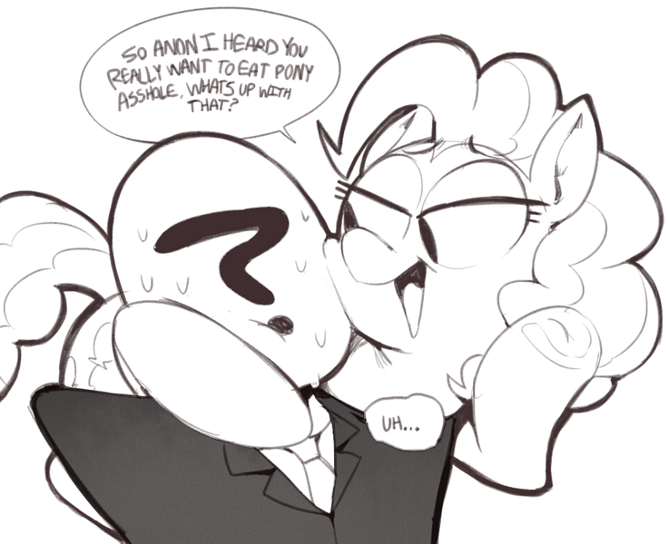 Size: 982x801 | Tagged: useless source url, suggestive, artist:sunibee, derpibooru import, pinkie pie, oc, oc:anon, pony, bedroom eyes, clothes, dialogue, implied analingus, monochrome, necktie, open mouth, speech bubble, suit, sweat, sweatdrop, sweatdrops, underhoof, vulgar