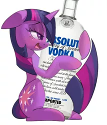 Size: 540x632 | Tagged: safe, artist:kevinsano, artist:skutchi, derpibooru import, edit, editor:moonatik, twilight sparkle, pony, unicorn, absolut vodka, alcohol, alcoholism, bedroom eyes, blushing, drool, eyes on the prize, female, floppy ears, holding, hug, looking at something, mare, open mouth, prehensile tail, rubbing, shipping, simple background, sitting, smiling, solo, tail hug, vodka, white background