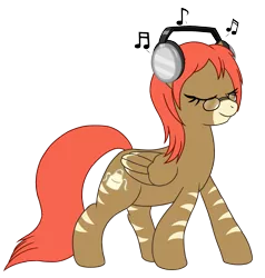 Size: 1603x1687 | Tagged: safe, artist:steelph, derpibooru import, oc, oc:arisu, unofficial characters only, pegasus, pony, eyes closed, female, glasses, headphones, music notes, simple background, solo, transparent background, walking