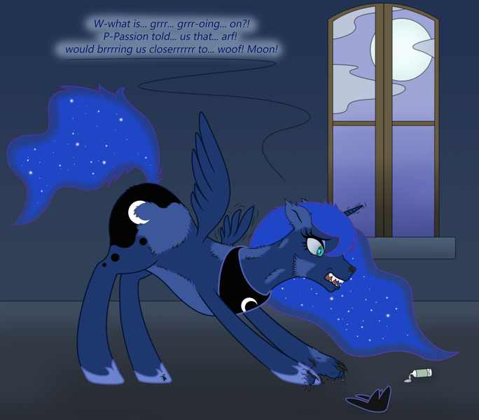 Size: 3250x2850 | Tagged: artist:violetrosefall, confused, derpibooru import, dialogue, fangs, full moon, hengstwolf, magic potion, moon, paws, princess luna, safe, solo, transformation, werewolf, window