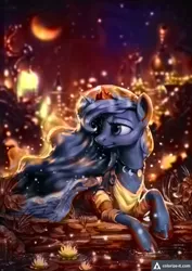 Size: 566x800 | Tagged: safe, artist:assasinmonkey, color edit, derpibooru import, edit, princess luna, alicorn, pony, algorithmia, beautiful, canterlot, city, clothes, colored, colorize-it, crescent moon, deep learning, dress, female, jewelry, mare, moon, necklace, night, pond, prone, scenery, solo, stars, water, waterlily