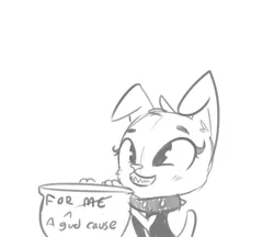 Size: 935x807 | Tagged: safe, artist:tjpones, derpibooru import, oc, oc:didi, unofficial characters only, diamond dog, blatant lies, blushing, charity, collar, crossed out, diamond dog oc, female, female diamond dog, grayscale, grin, monochrome, seems legit, simple background, smiling, solo, text, white background