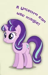 Size: 221x344 | Tagged: safe, derpibooru import, starlight glimmer, pony, unicorn, tails of equestria, captain obvious, cropped, female, mare, simple background, smiling, solo, truth, white background, yellow background