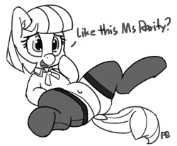 Size: 1280x1056 | Tagged: adorasexy, artist:pabbley, belly button, clothes, cocobetes, coco pommel, cute, derpibooru import, dialogue, dock, ear fluff, female, grayscale, implied marshmallow coco, implied rarity, monochrome, offscreen character, on back, open mouth, sexy, simple background, socks, solo, solo female, spread wings, stockings, suggestive, thigh highs, white background, wings