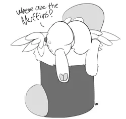 Size: 1280x1201 | Tagged: suggestive, artist:pabbley, derpibooru import, derpy hooves, pegasus, pony, bubble butt, christmas stocking, dialogue, dock, female, mare, monochrome, plot, simple background, solo, solo female, spread wings, underhoof, white background
