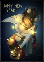 Size: 1509x2160 | Tagged: safe, artist:aphphphphp, derpibooru import, oc, unofficial characters only, pegasus, pony, female, happy new year, lights, looking back, mare, smiling, solo, spread wings