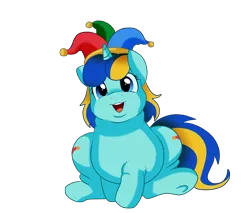 Size: 2430x2069 | Tagged: safe, artist:pridark, derpibooru import, oc, unofficial characters only, pony, unicorn, chubby, cute, double chin, female, hat, jester, jester hat, mare, sitting, smiling, solo