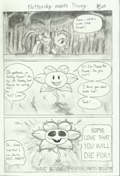 Size: 1594x2338 | Tagged: artist:brianchoobrony-artie, comic, crossover, derpibooru import, flowey, fluttershy, monochrome, safe, undertale