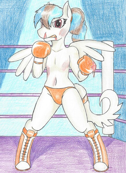 Size: 2077x2857 | Tagged: semi-grimdark, artist:dcheese, derpibooru import, oc, oc:amita, unofficial characters only, anthro, pegasus, semi-anthro, unguligrade anthro, bipedal, blood, boxing, boxing gloves, clothes, female, foxy boxing, image, jpeg, mare, nosebleed, panties, partial nudity, solo, sports panties, topless, traditional art, underwear