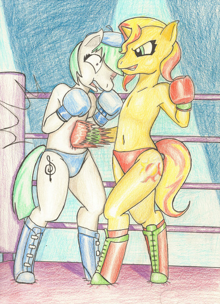 Size: 1280x1761 | Tagged: suggestive, artist:dcheese, derpibooru import, sunset shimmer, watermelody, ponified, anthro, semi-anthro, unguligrade anthro, equestria girls, armpits, bipedal, boxing, boxing gloves, clothes, equestria girls ponified, foxy boxing, image, jpeg, panties, partial nudity, punch, sports panties, topless, traditional art, underwear