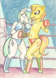 Size: 1280x1761 | Tagged: suggestive, artist:dcheese, derpibooru import, sunset shimmer, watermelody, ponified, anthro, semi-anthro, unguligrade anthro, equestria girls, armpits, bipedal, boxing, boxing gloves, clothes, equestria girls ponified, foxy boxing, image, jpeg, panties, partial nudity, punch, sports panties, topless, traditional art, underwear