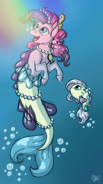 Size: 720x1280 | Tagged: ariel, artist:sweetheart-arts, bubble, derpibooru import, duo, fish, flounder, floundershy, flutterfish, fluttershy, jewelry, looking up, merpony, necklace, partiel, pinkie pie, pinkie tales, safe, species swap, the little mermaid, underwater