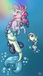 Size: 720x1280 | Tagged: ariel, artist:sweetheart-arts, bubble, derpibooru import, duo, fish, flounder, floundershy, flutterfish, fluttershy, jewelry, looking up, merpony, necklace, partiel, pinkie pie, pinkie tales, safe, species swap, the little mermaid, underwater