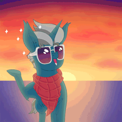 Size: 958x958 | Tagged: animated, artist:dragonpone, chest fluff, cloud, cloudy, derpibooru import, ear fluff, eyes closed, fabulous, fashion plate, gif, ocean, open mouth, raised hoof, safe, sky, smiling, solo, sparkles, sun, sunglasses, sunset, underhoof, windswept mane
