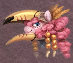 Size: 2190x1889 | Tagged: safe, artist:audrarius, derpibooru import, part of a set, pinkie pie, earth pony, pony, toco toucan, toucan, beak, bust, face paint, feather, female, hair beads, hair tie, headdress, helmet, portrait, purple background, simple background, skull, skull helmet, solo, tribal