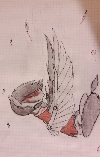 Size: 559x873 | Tagged: artificial wings, artist:lxden, augmented, autumn, blood, bowtie, clothes, derpibooru import, female, gentlepony, graph paper, hackles, mechanical wing, oc, oc:hell fire, prosthetics, russian, semi-grimdark, solo, traditional art, unofficial characters only, wings
