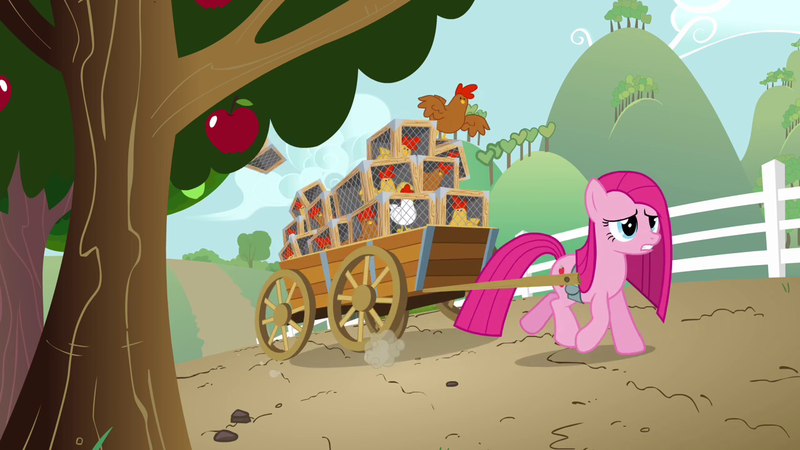 Size: 1280x720 | Tagged: safe, derpibooru import, screencap, pinkie pie, bird, chicken, earth pony, pony, magical mystery cure, apple, apple tree, cart, female, fence, food, hill, mare, tree