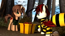 Size: 1920x1080 | Tagged: safe, artist:daz-atac, derpibooru import, oc, oc:saturn, oc:xenon, unofficial characters only, bat pony, pony, unicorn, 3d, animal costume, bee costume, clothes, costume, present