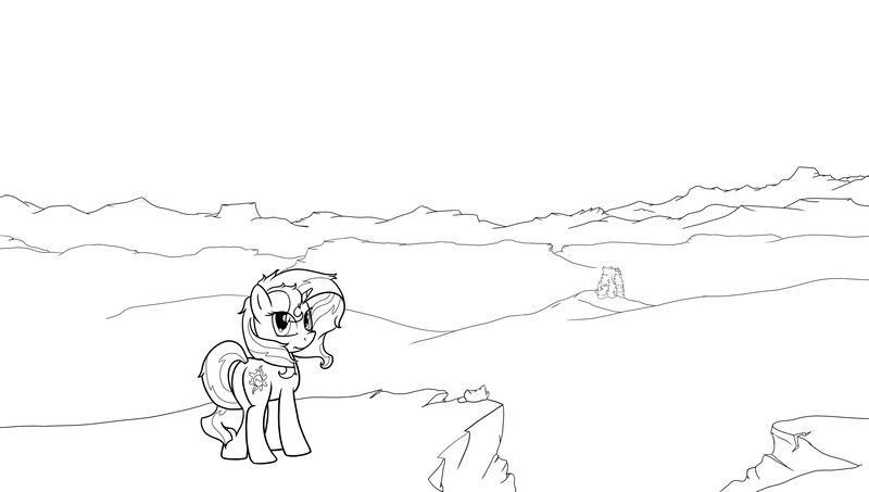 Size: 4500x2550 | Tagged: safe, artist:jaomt2015, derpibooru import, sunset shimmer, pony, absurd resolution, cliff, lineart, monochrome, scenery, solo