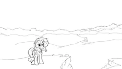 Size: 4500x2550 | Tagged: safe, artist:jaomt2015, derpibooru import, sunset shimmer, pony, absurd resolution, cliff, lineart, monochrome, scenery, solo