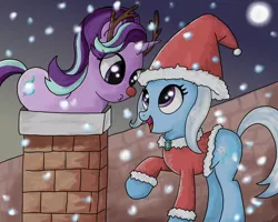 Size: 850x680 | Tagged: safe, artist:ehfkdl569, derpibooru import, starlight glimmer, trixie, pony, unicorn, antlers, chimney, clothes, costume, female, full moon, looking at each other, mare, moon, night, open mouth, raised hoof, reindeer antlers, roof, rudolph nose, santa costume, smiling, snow, snowfall