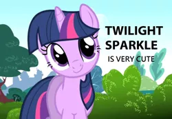 Size: 1528x1056 | Tagged: safe, derpibooru import, edit, edited screencap, screencap, twilight sparkle, pony, unicorn, bronybait, bush, captain obvious, caption, cute, fact, female, happy, image macro, looking at you, looking up, mare, meme, smiling, solo, tree, truth, twiabetes, unicorn twilight