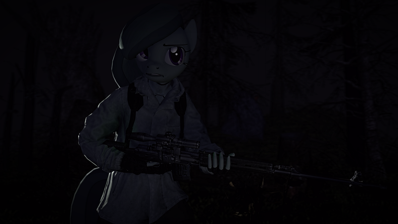 Size: 1920x1080 | Tagged: safe, artist:facelesssoles, derpibooru import, marble pie, anthro, earth pony, 3d, dark, female, gun, optical sight, rifle, sniper rifle, solo, tree, weapon