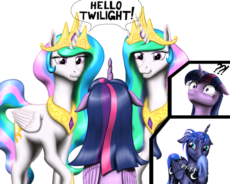 Size: 1280x1024 | Tagged: safe, artist:vasillium, derpibooru import, princess celestia, princess luna, twilight sparkle, twilight sparkle (alicorn), alicorn, pony, alternate hairstyle, floppy ears, frown, grin, raised hoof, self ponidox, shocked, simple background, smiling, squee, transparent background, wide eyes