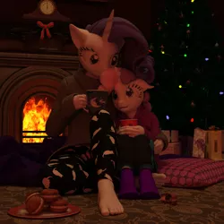 Size: 1500x1500 | Tagged: 3d, anthro, artist:tahublade7, barefoot, blanket, chocolate, christmas, christmas tree, clothes, cuddling, cute, daz studio, derpibooru import, feet, fireplace, food, hot chocolate, macaroons, mug, pants, plantigrade anthro, pullover, rarity, safe, sisterly love, snuggling, socks, sweater, sweetie belle, toes, tree