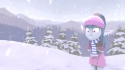 Size: 1920x1080 | Tagged: safe, artist:blumppidy, derpibooru import, sonata dusk, equestria girls, 3d, beanie, clothes, cold, forest, gritted teeth, hat, mountain, scarf, shivering, snow, snowfall, solo, wide eyes, winter