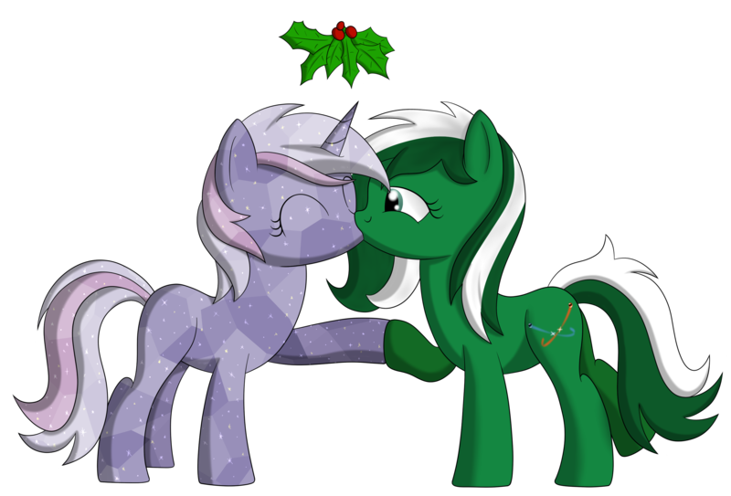 Size: 2800x1900 | Tagged: safe, artist:cloudy95, derpibooru import, oc, oc:aphelion, oc:soul quartz, unofficial characters only, crystal pony, pony, female, holly, holly mistaken for mistletoe, kissing, lesbian, simple background, transparent background