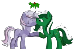 Size: 2800x1900 | Tagged: safe, artist:cloudy95, derpibooru import, oc, oc:aphelion, oc:soul quartz, unofficial characters only, crystal pony, pony, female, holly, holly mistaken for mistletoe, kissing, lesbian, simple background, transparent background