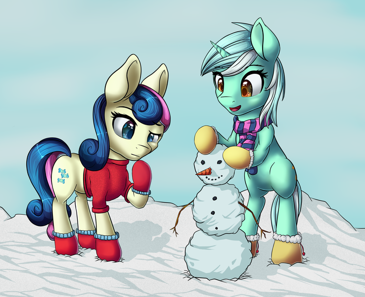 Size: 2946x2394 | Tagged: safe, artist:itresad, derpibooru import, bon bon, lyra heartstrings, sweetie drops, pony, bipedal, clothes, confused, mittens, open mouth, raised hoof, scarf, smiling, snow, snowman, stick, sweater, winter outfit