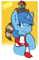 Size: 2207x3368 | Tagged: safe, artist:otpl, derpibooru import, oc, oc:krylone, oc:meno, unofficial characters only, coonskin cap, one eye closed, rainbow hair, solo, tongue out, wink