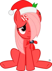 Size: 1800x2463 | Tagged: safe, artist:arifproject, derpibooru import, oc, oc:downvote, ponified, unofficial characters only, pony, derpibooru, derpibooru ponified, ear piercing, hair over one eye, hat, leaf, looking up, meta, piercing, ribbon, santa hat, simple background, solo, transparent background, vector