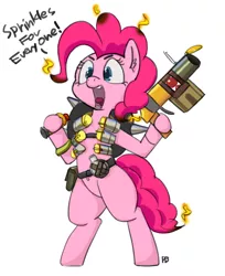 Size: 1280x1568 | Tagged: safe, artist:longren, artist:pabbley, color edit, derpibooru import, edit, pinkie pie, pony, bipedal, colored, crossover, cute, dialogue, diapinkes, ear fluff, explosives, grenade launcher, junkrat, overwatch, pinkrat, simple background, solo, yelling