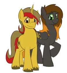 Size: 4328x4688 | Tagged: safe, artist:unpeeledwasp, derpibooru import, oc, oc:caz, oc:gearlock, unofficial characters only, pegasus, pony, unicorn, 2017 community collab, derpibooru community collaboration, absurd resolution, amputee, augmented, looking at you, prosthetic limb, prosthetic wing, prosthetics, simple background, transparent background