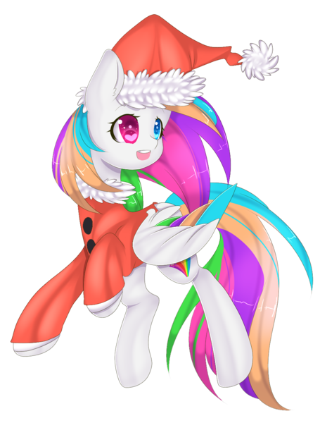 Size: 967x1274 | Tagged: safe, artist:clefficia, derpibooru import, oc, oc:starblaze, unofficial characters only, pegasus, pony, clothes, colored wings, costume, female, hat, heterochromia, mare, multicolored wings, santa costume, santa hat, simple background, solo, transparent background