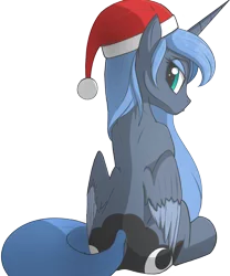 Size: 1660x2000 | Tagged: safe, artist:vinaramic, derpibooru import, princess luna, alicorn, pony, back, both cutie marks, christmas, colored wings, colored wingtips, cute, female, frown, grumpy, hat, holiday, lidded eyes, looking at you, looking back, lunabetes, mare, moonbutt, plot, pouting, santa hat, simple background, sitting, solo, transparent background